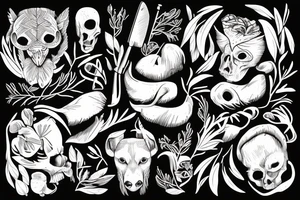 lines that form an X with a cleaver, a rib eye, a sprig of rosemary and a wild animal tattoo idea
