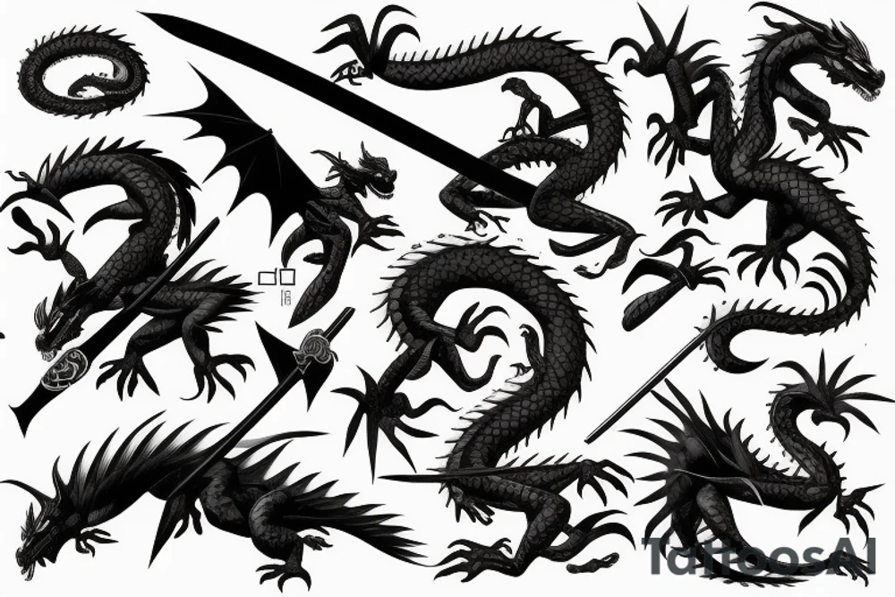 Dragon negro  enredando una katana tattoo idea