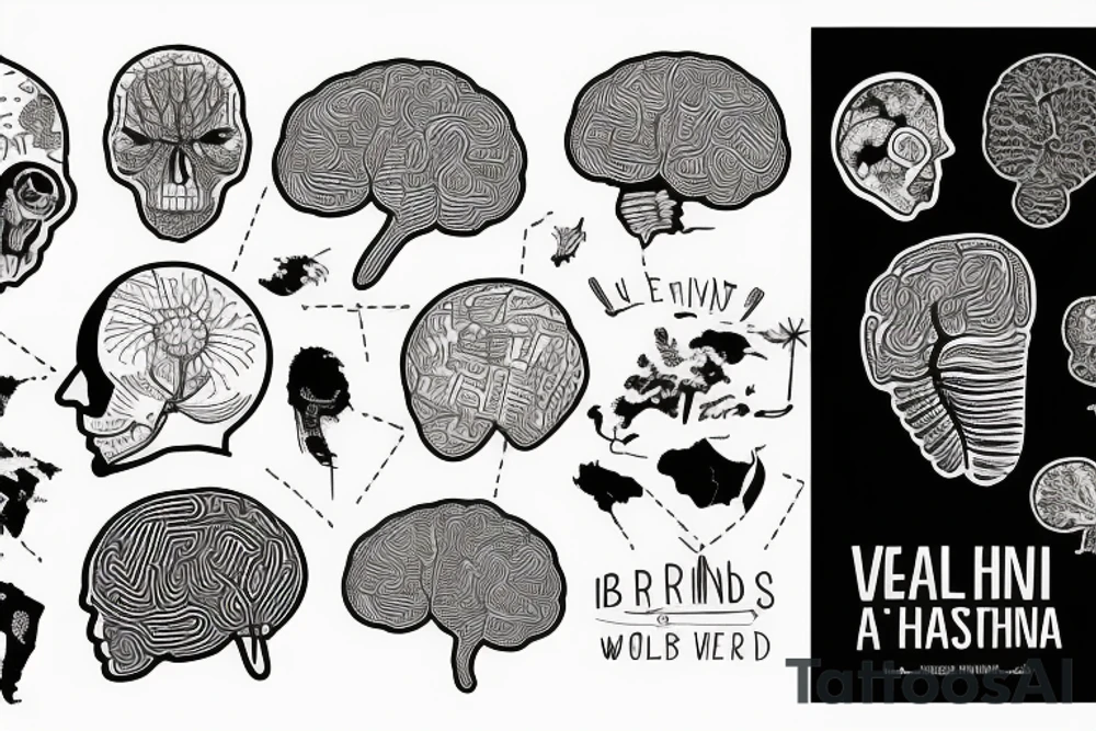 a brain done with vectors, a world map, and a spinal chord tattoo idea
