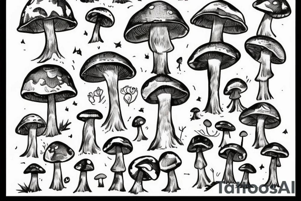 Astronaut walking through a mushroom grove tattoo idea