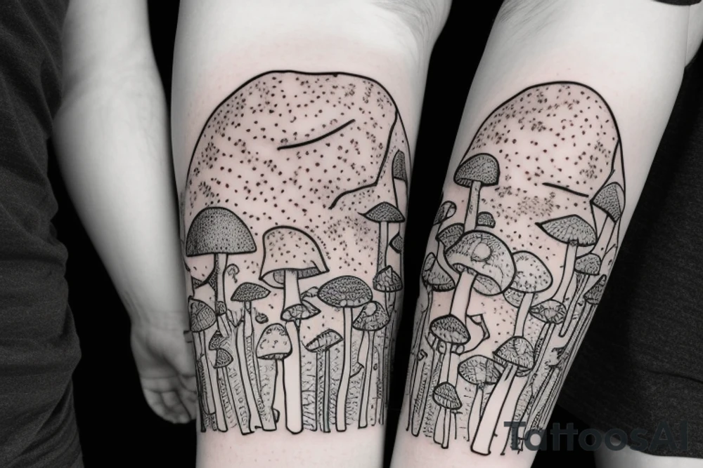 Astronaut walking through a mushroom grove tattoo idea