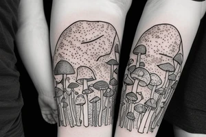 Astronaut walking through a mushroom grove tattoo idea