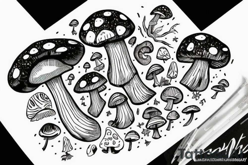 Astronaut walking through a mushroom grove tattoo idea