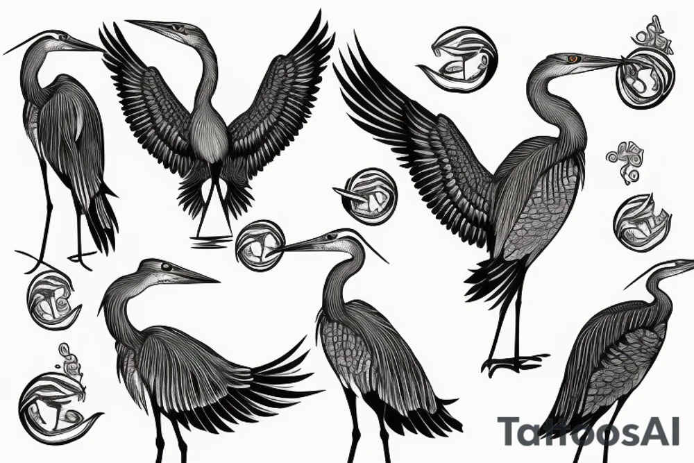 six herons standing in the pool of water tattoo idea