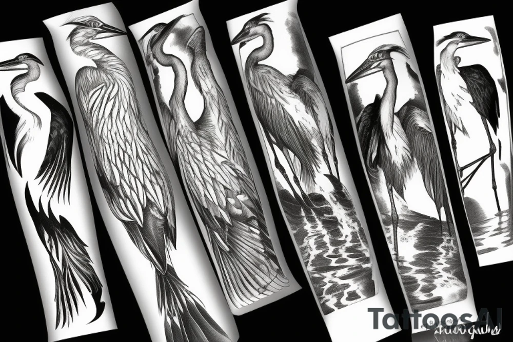 six herons standing in the pool of water tattoo idea