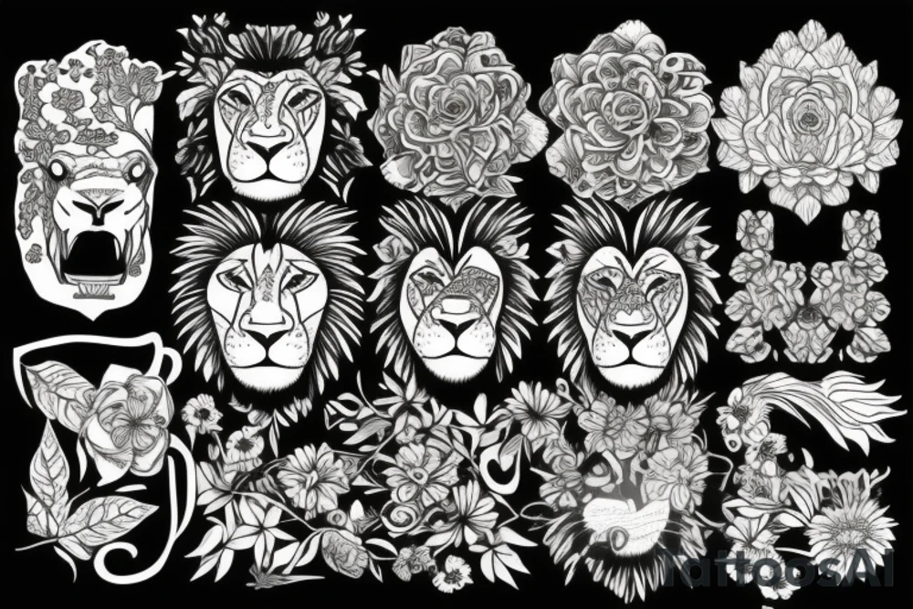 Fierce lion with flowers/leaves tattoo idea