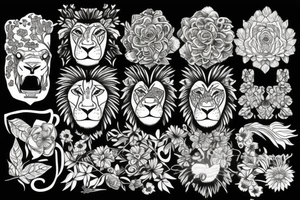 Fierce lion with flowers/leaves tattoo idea
