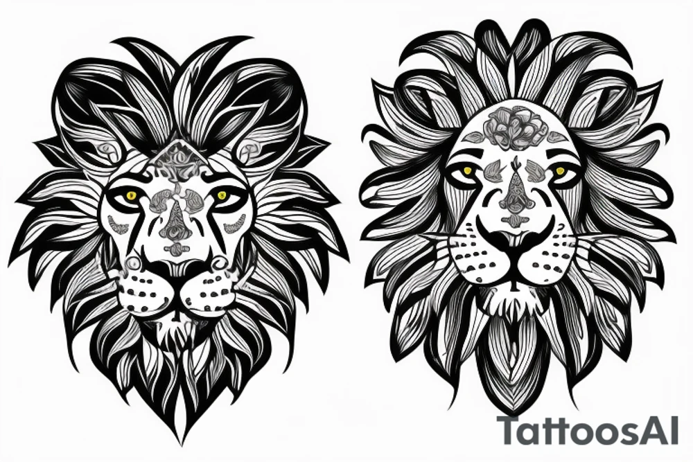 Fierce lion with flowers/leaves tattoo idea