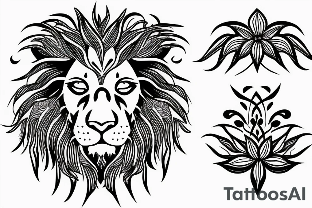 Fierce lion with flowers/leaves tattoo idea