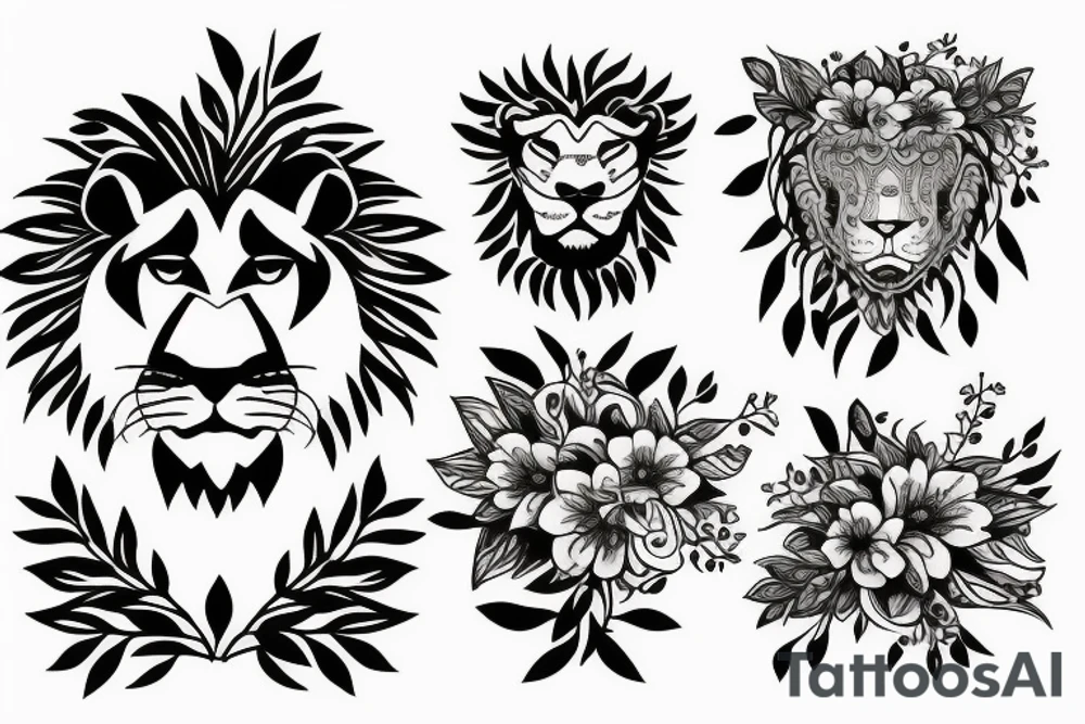 Fierce lion with flowers/leaves tattoo idea