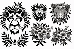 Fierce lion with flowers/leaves tattoo idea