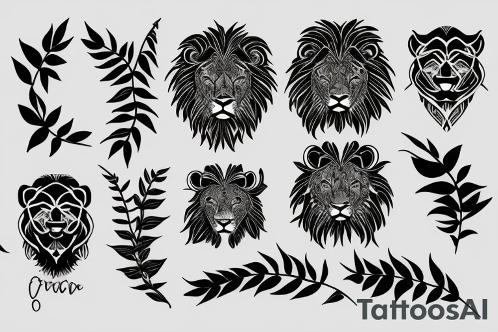Fierce lion with flowers/leaves tattoo idea