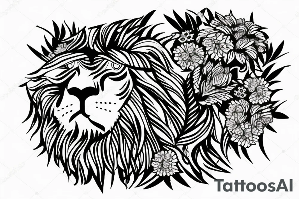 Fierce lion with flowers/leaves tattoo idea