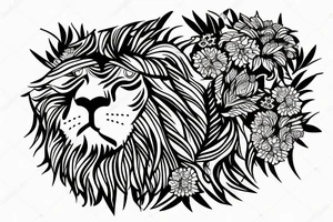 Fierce lion with flowers/leaves tattoo idea