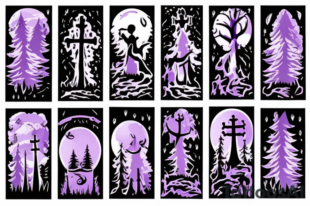 a small graveyard in a forest with a thick purple fog and a black moon in the sky tattoo idea