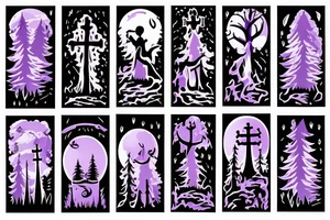 a small graveyard in a forest with a thick purple fog and a black moon in the sky tattoo idea