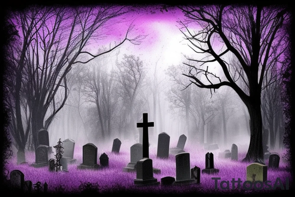 a small graveyard in a forest with a thick purple fog and a black moon in the sky tattoo idea