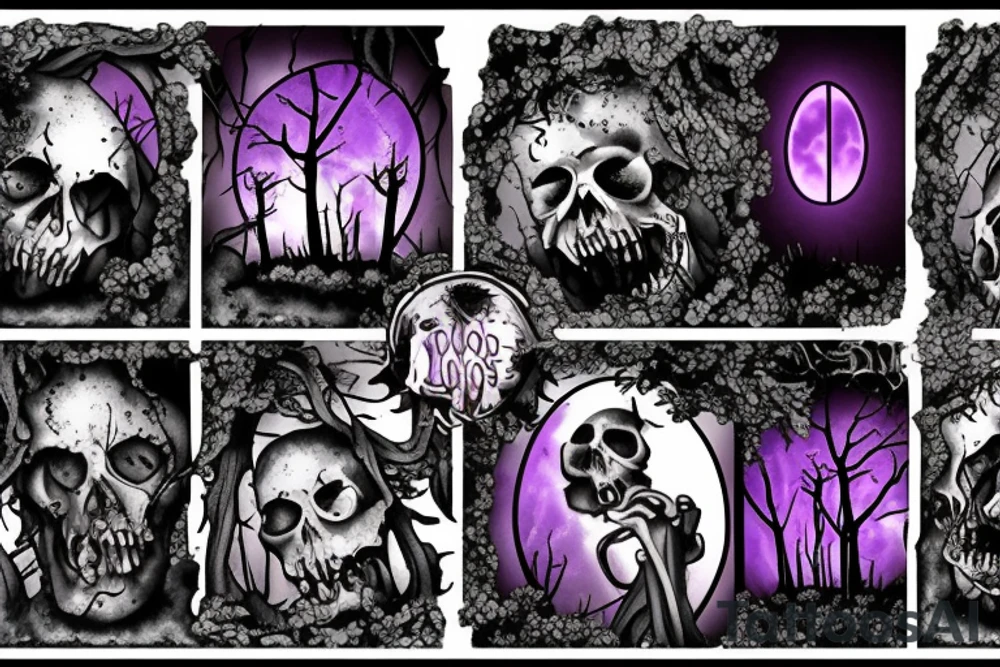 a small graveyard in a forest with a thick purple fog with a black moon and zombies coming out the ground tattoo idea