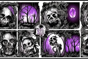 a small graveyard in a forest with a thick purple fog with a black moon and zombies coming out the ground tattoo idea