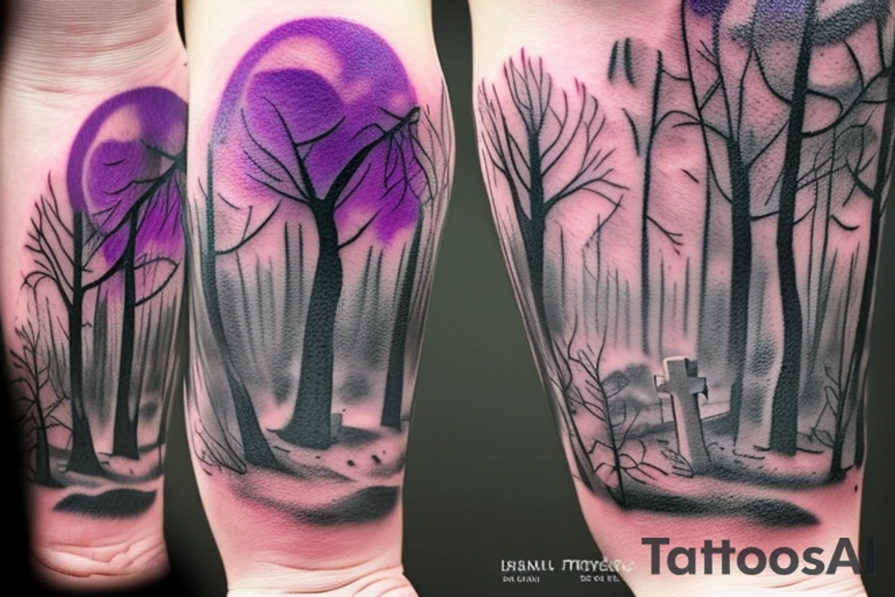 a small graveyard in a forest with a thick purple fog with a black moon and zombies coming out the ground tattoo idea