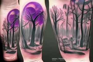 a small graveyard in a forest with a thick purple fog with a black moon and zombies coming out the ground tattoo idea