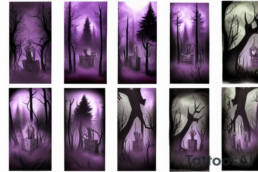 a small graveyard in a forest with a thick purple fog with a black moon and zombies coming out the ground tattoo idea