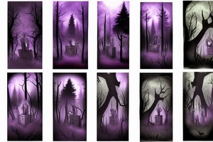 a small graveyard in a forest with a thick purple fog with a black moon and zombies coming out the ground tattoo idea