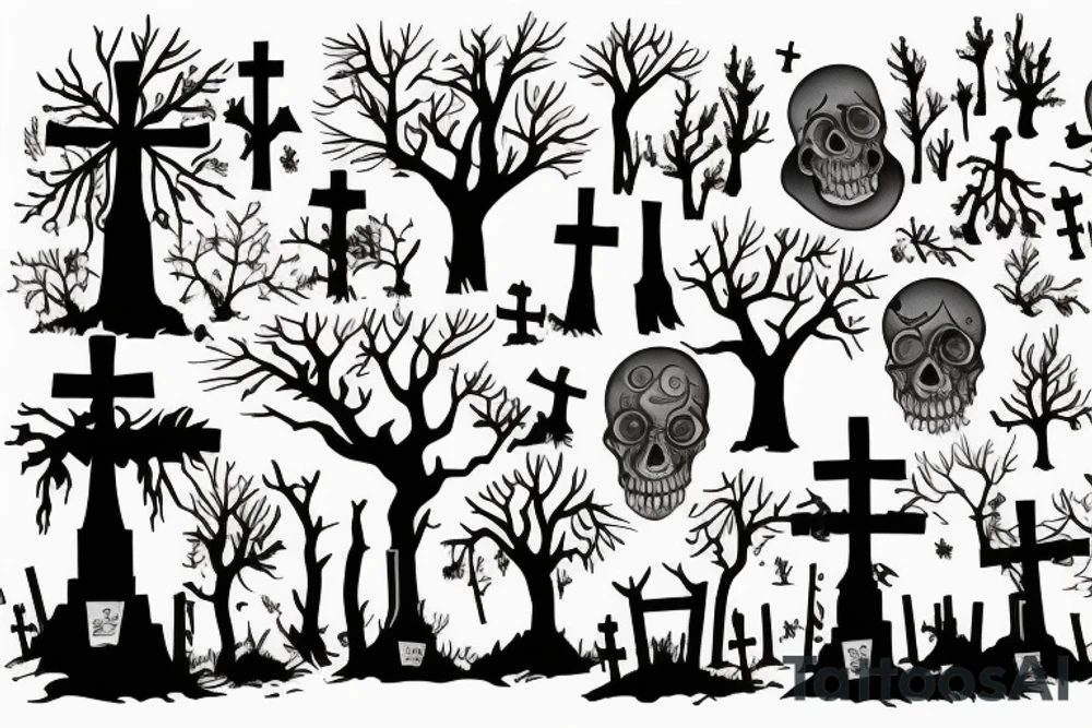 a small graveyard in a forest with a thick purple fog with a black moon and zombies coming out the ground tattoo idea