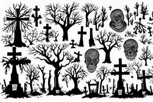 a small graveyard in a forest with a thick purple fog with a black moon and zombies coming out the ground tattoo idea