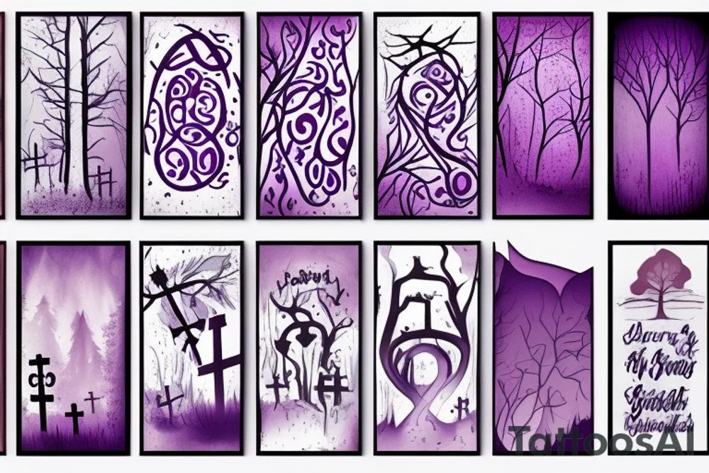 a small graveyard in a forest with a thick purple fog tattoo idea