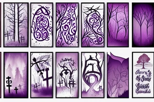 a small graveyard in a forest with a thick purple fog tattoo idea