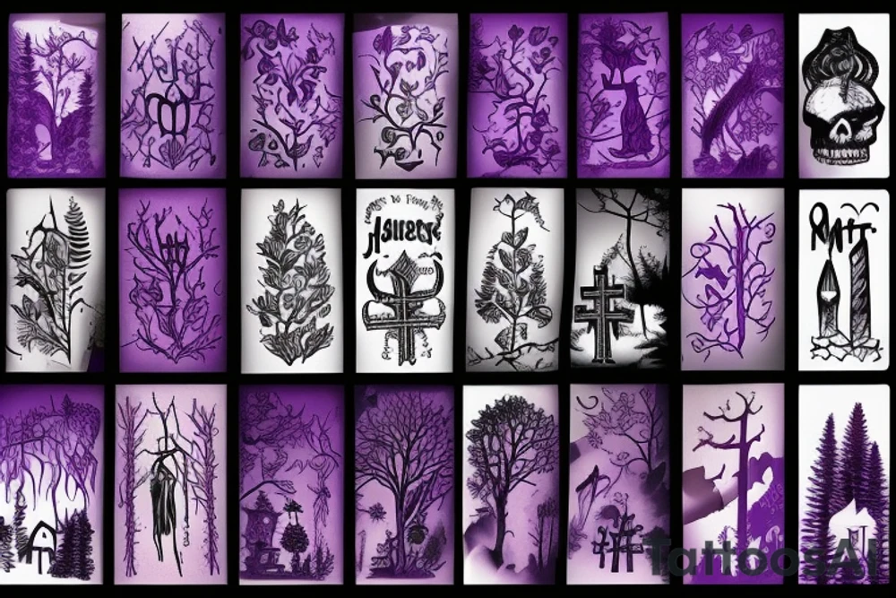 a small graveyard in a forest with a thick purple fog tattoo idea