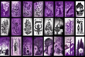 a small graveyard in a forest with a thick purple fog tattoo idea