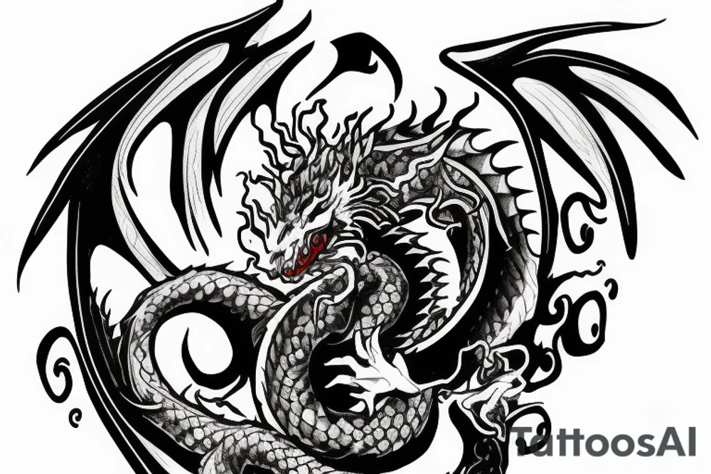 Dragon holding orb, back tattoo, red eyes, kaido tattoo idea