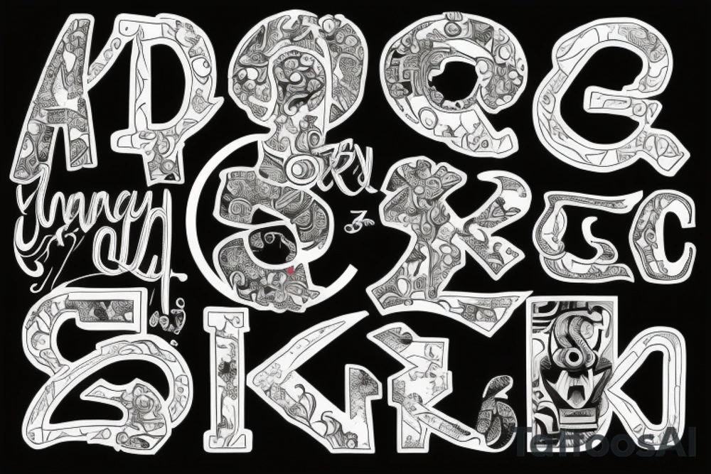 The letter W surrounded by the letters K C G Z Z R tattoo idea