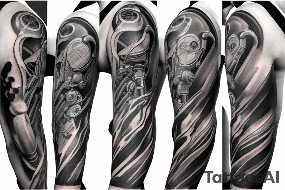 Full arm sleeve tattoo for a Motorsport enthusiast who likes engineering tattoo idea