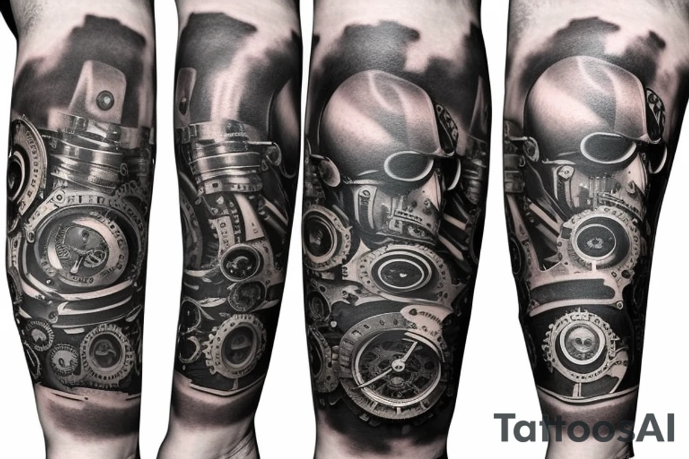 Full arm sleeve tattoo steampunk style for a Motorsport enthusiast who likes engineering tattoo idea