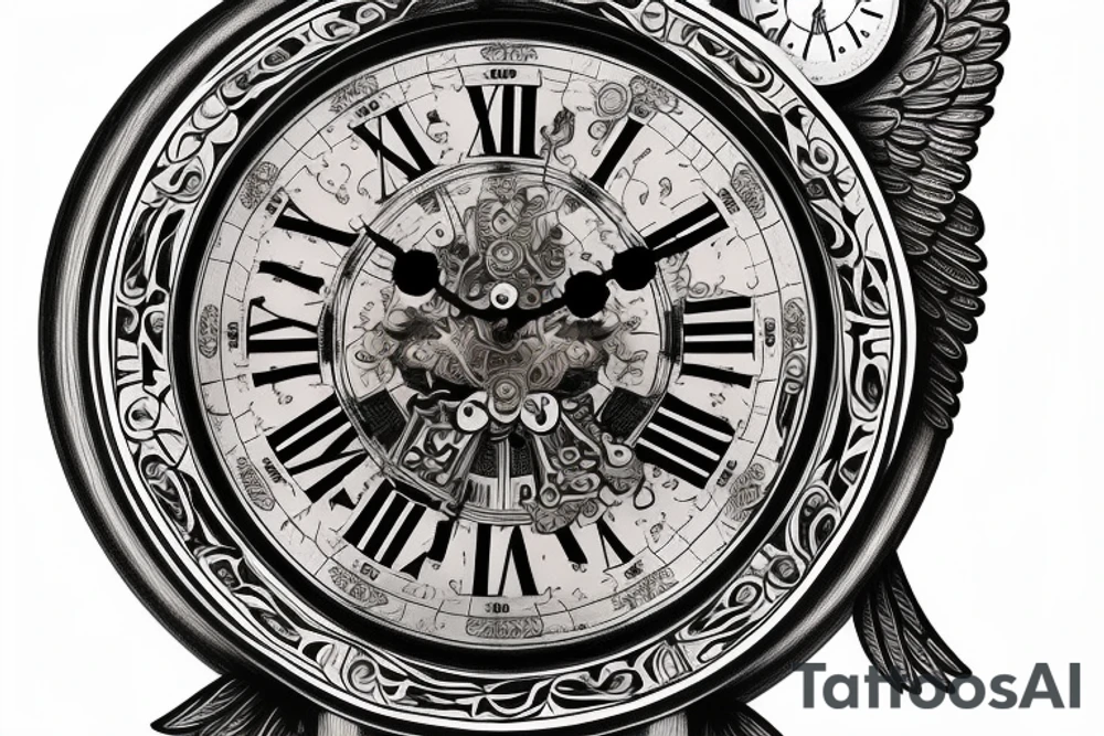 An angel holding a grandfather clock with two clock faces. One clock face has a time of 6:13 and the second clock face has a time of 4:42 tattoo idea