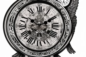 An angel holding a grandfather clock with two clock faces. One clock face has a time of 6:13 and the second clock face has a time of 4:42 tattoo idea