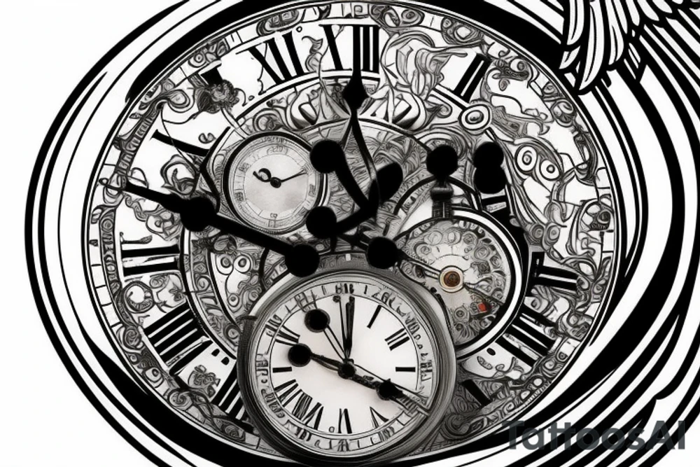 An angel holding a grandfather clock with two clock faces. One clock face has a time of 6:13 and the second clock face has a time of 4:42 tattoo idea