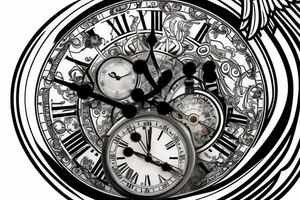 An angel holding a grandfather clock with two clock faces. One clock face has a time of 6:13 and the second clock face has a time of 4:42 tattoo idea