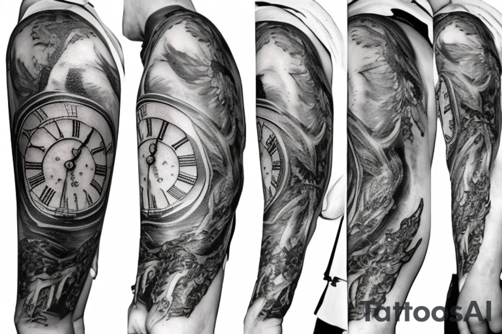 An angel holding a grandfather clock with a time of 6:13 tattoo idea