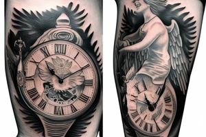 An angel holding a grandfather clock with a time of 6:13 tattoo idea