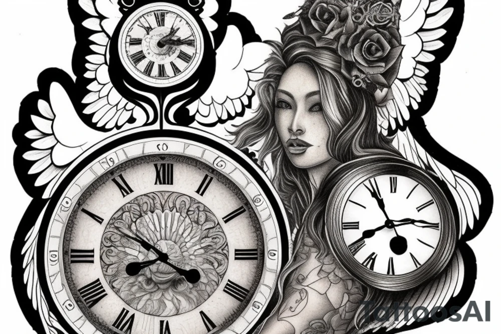 An angel holding a grandfather clock with a time of 6:13 tattoo idea