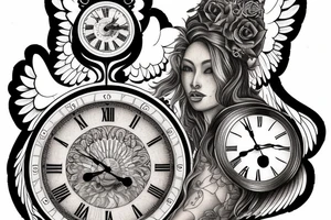 An angel holding a grandfather clock with a time of 6:13 tattoo idea