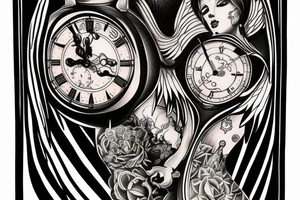 An angel holding a grandfather clock with a time of 6:13 tattoo idea