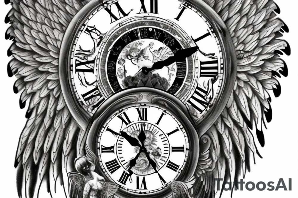 A realistic angel with large wings holding a grandfather clock with a time of 6:13 tattoo idea