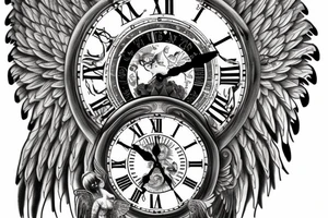 A realistic angel with large wings holding a grandfather clock with a time of 6:13 tattoo idea