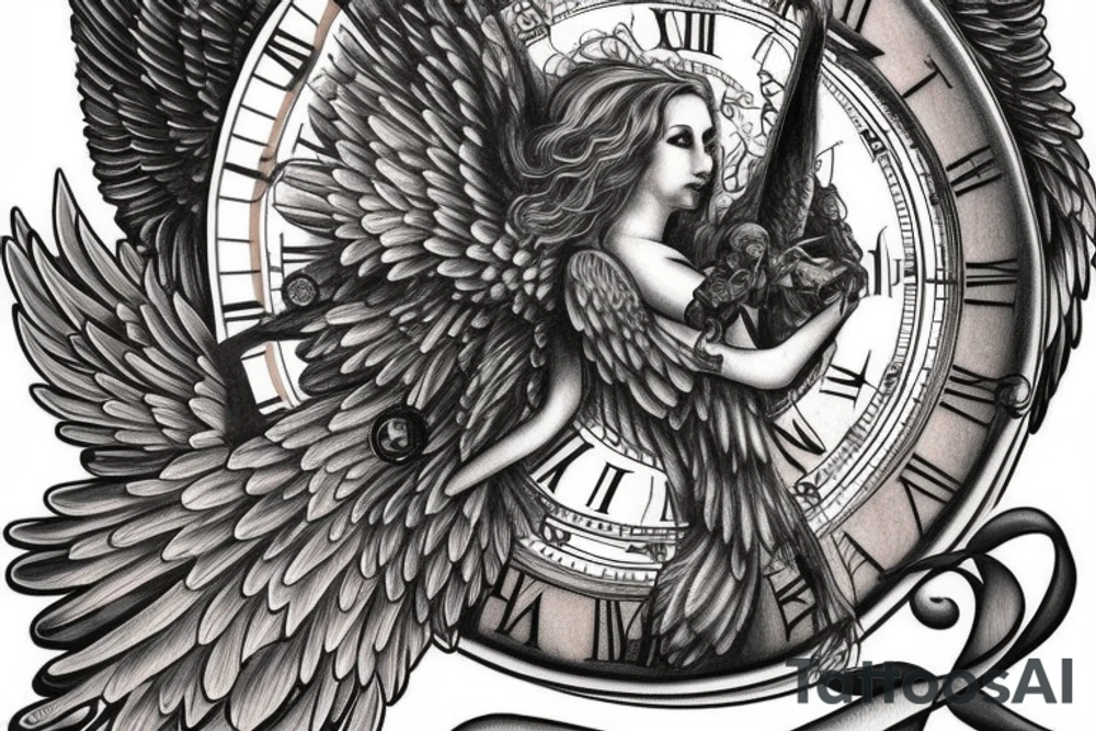 A realistic angel with large wings holding a grandfather clock with a time of 6:13 tattoo idea