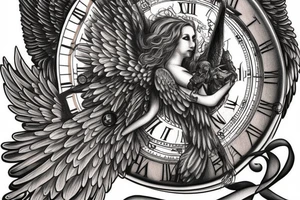 A realistic angel with large wings holding a grandfather clock with a time of 6:13 tattoo idea